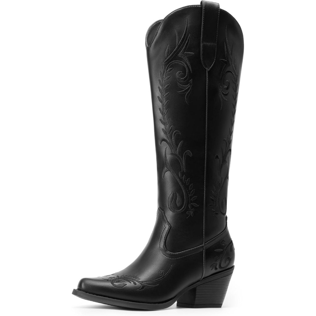 Women's Black Western Cowboy Boots Knee High Retro Embroidered Tall Boots